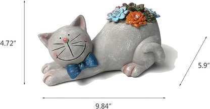 Cat Solar Garden Statue with Succulent and LED Lights - Waterproof Resin Decor