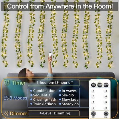 Ivy Vine Fairy Lights – 6.5ft x 6.5ft 200 LED Warm White | Pre-Strung Leaf Curtain Lights | Remote Timer Dimmer | Bedroom Dorm Wedding Party Wall Decor
