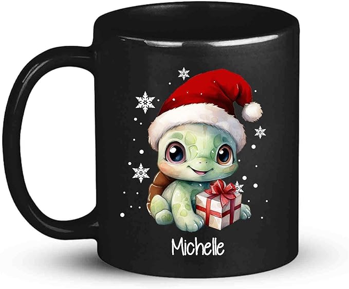 Black ceramic coffee mug with turtle in Santa hat holding gift, name Michelle