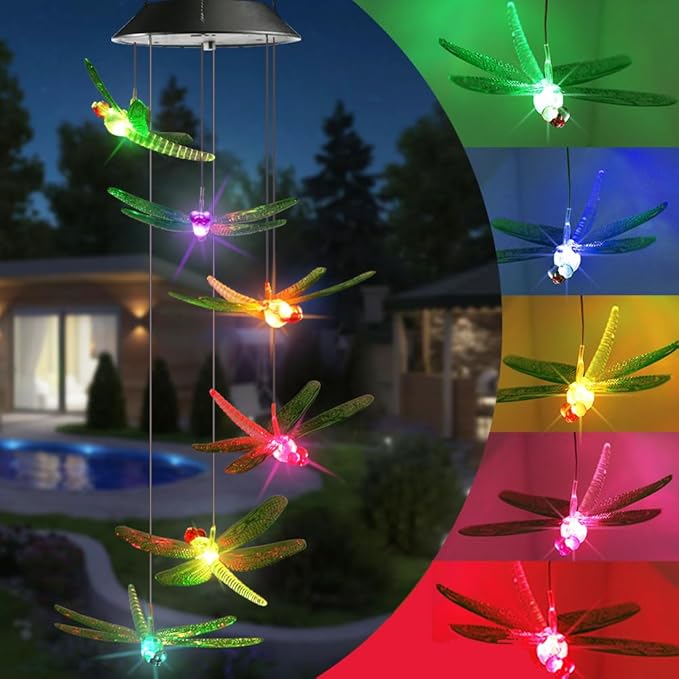Outdoor solar wind chimes with multicolor glowing dragonfly mobiles hanging from a lantern cap