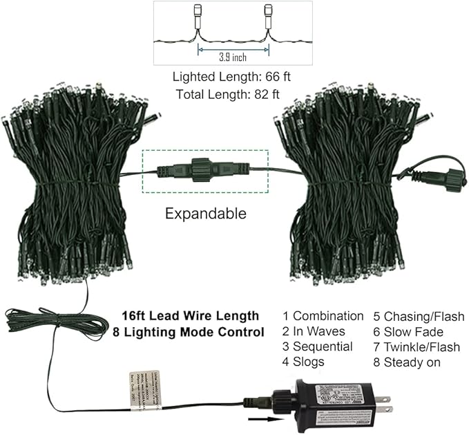 Green-wire mini Christmas light set with controller, shown as two bundled strings