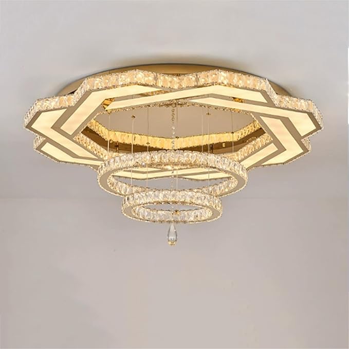 Gold flush mount crystal chandelier with octagon ring frame and hanging crystal bead