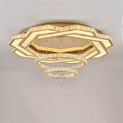 Gold flush mount crystal chandelier with octagon ring frame and hanging crystal bead