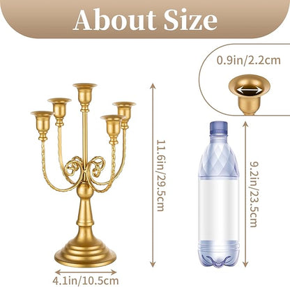 Gold 5-arm metal candelabra with five candle holders shown with height measurements