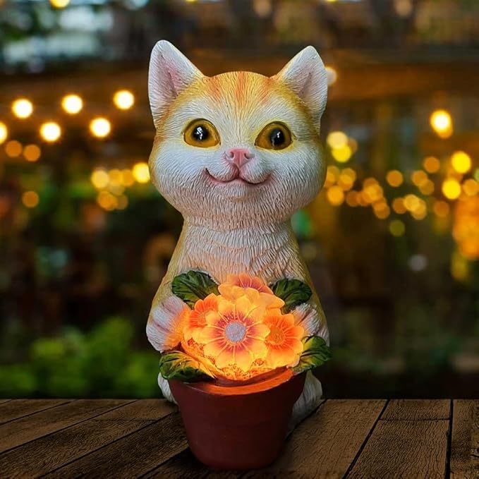 Solar Cat Garden Statue with Flower Pot - IP44 Resin Outdoor Decor