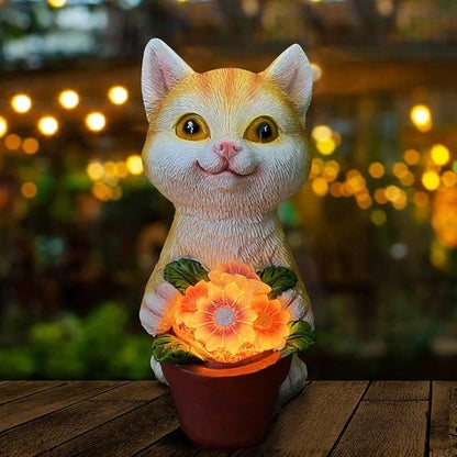 Solar Cat Garden Statue with Flower Pot - IP44 Resin Outdoor Decor