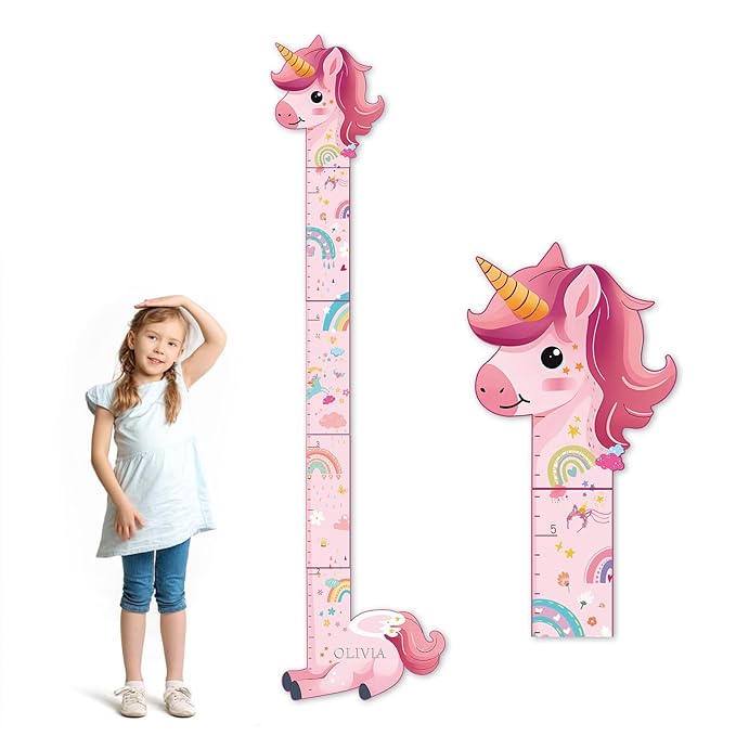 Unicorn kids wooden growth chart with pink ruler and rainbow details, includes name topper.