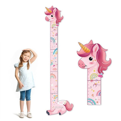 Unicorn kids wooden growth chart with pink ruler and rainbow details, includes name topper.