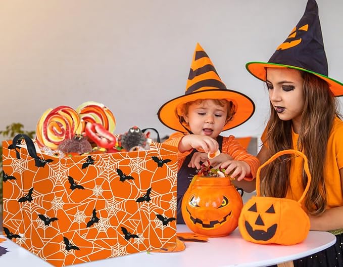 Orange rectangular Halloween storage basket with black bat and spiderweb pattern, carrying handles