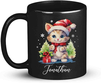Black 11oz mug with cute kitten in Santa hat and 'Jonathan' on the front.