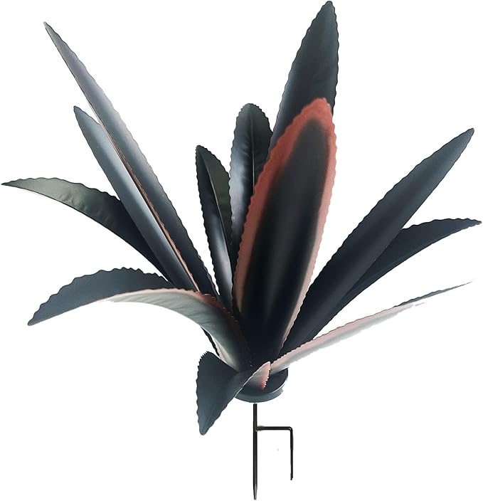 Black Metal Agave Garden Sculpture with Blue Highlights - 12-Leaf Rustic Outdoor Decor