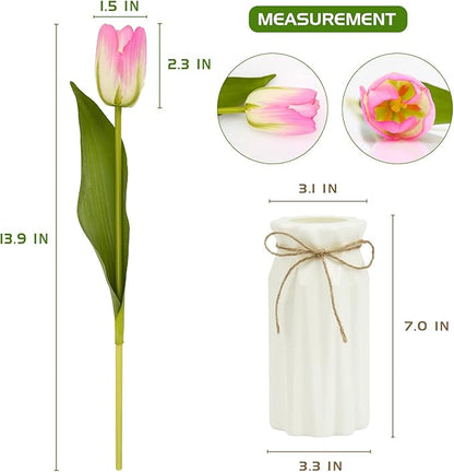 Artificial tulip stem with pink and yellow flower in white plastic vase, product sizing view