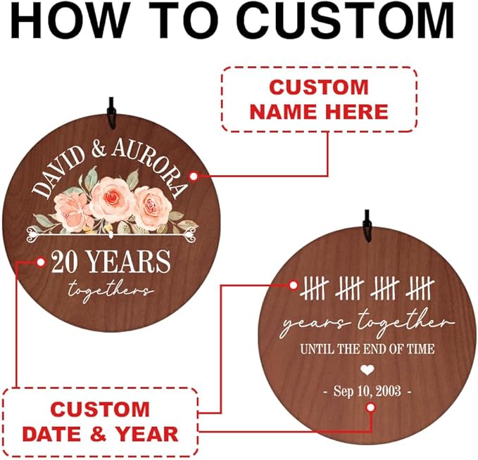 Personalized anniversary wind chime with custom name and date disc templates