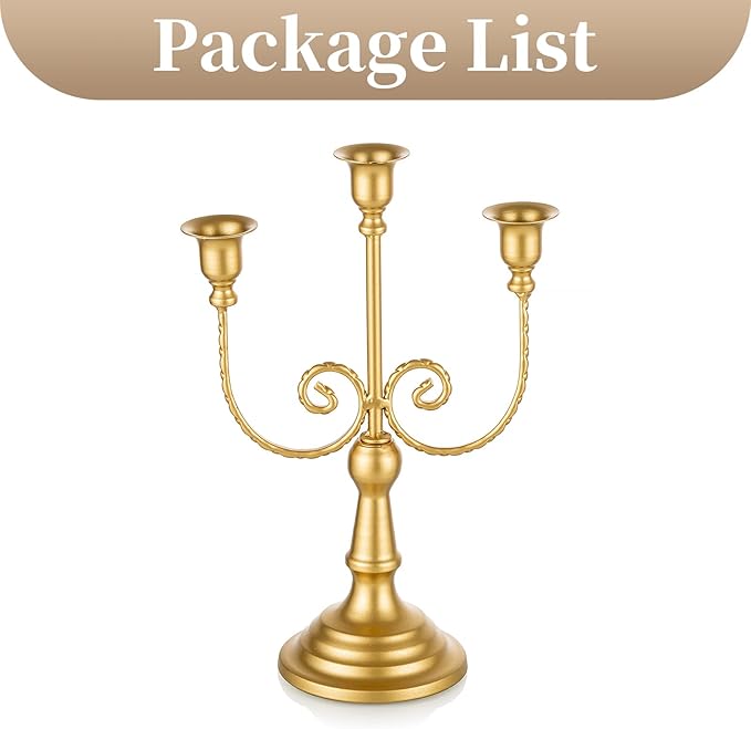 Gold metal three-candle taper holder with curled vine arms and round pedestal base