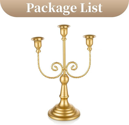Gold metal three-candle taper holder with curled vine arms and round pedestal base