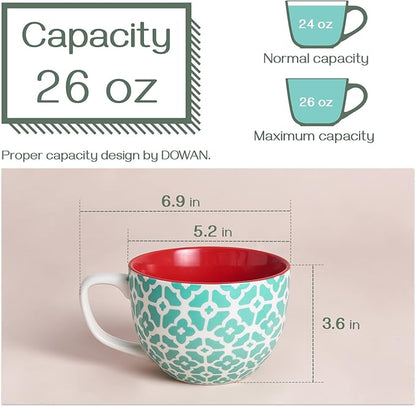Ceramic coffee mug with teal lattice pattern and red interior, white handle, 24 oz size shown