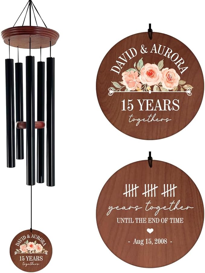 Wooden anniversary wind chime with 5 black tube chimes and round engraved disc