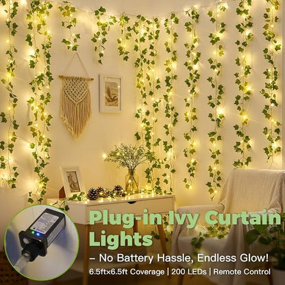 Ivy Vine Fairy Lights – 6.5ft x 6.5ft 200 LED Warm White | Pre-Strung Leaf Curtain Lights | Remote Timer Dimmer | Bedroom Dorm Wedding Party Wall Decor