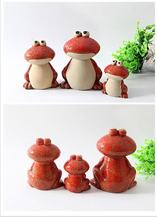 Red Ceramic Frog Family Garden Statue Set of 3 - Frog Dad, Mom, and Baby Decor for Pond, Pool, Patio, Porch, Lawn, and Home