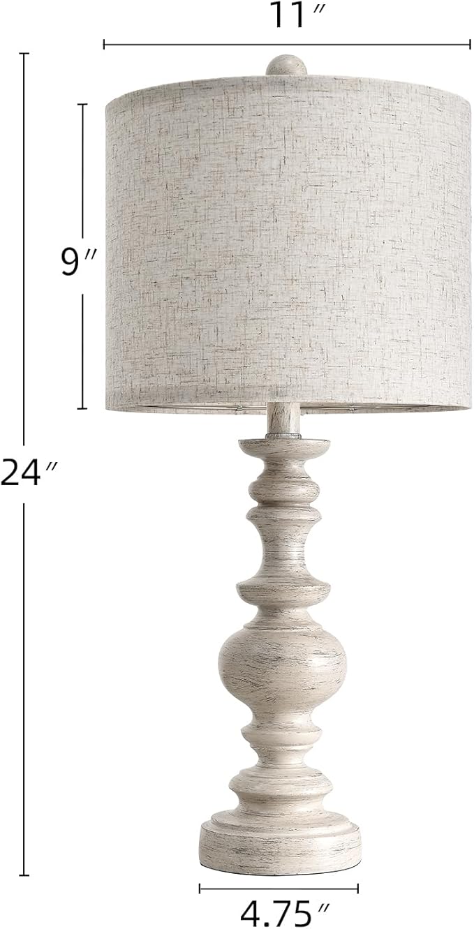 Resin table lamp with beige linen shade and whitewashed pedestal base, height graphic included
