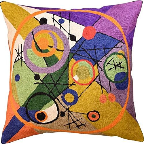 Decorative throw pillow cover with multicolor abstract circle embroidery on cream background