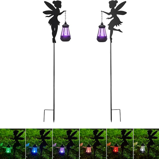 Pair of solar fairy garden stake lights with black fairy silhouettes and hanging lanterns