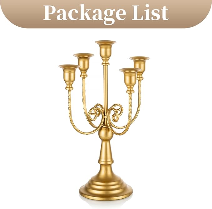Gold 5-arm metal candelabra with five candle holders and ornate vine scrollwork