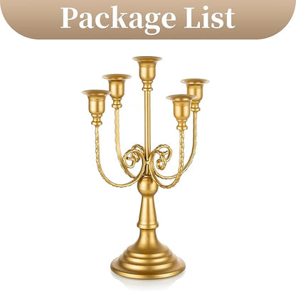 Gold 5-arm metal candelabra with five candle holders and ornate vine scrollwork