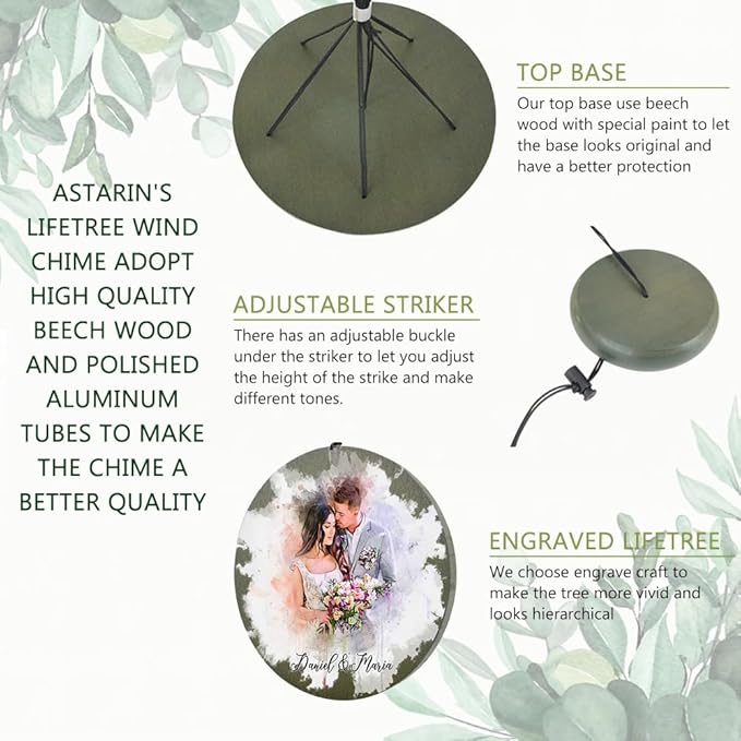 Wind chime feature layout showing adjustable striker, engraved beech base, and photo charm