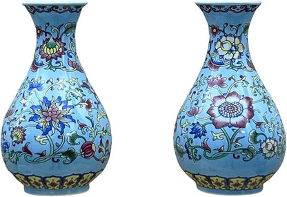 Set of two blue and white chinoiserie porcelain wall vases with floral pattern