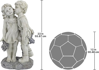 Young Sweethearts Kissing Children Garden Statue - Hand-Cast Crushed Stone Resin Outdoor Sculpture