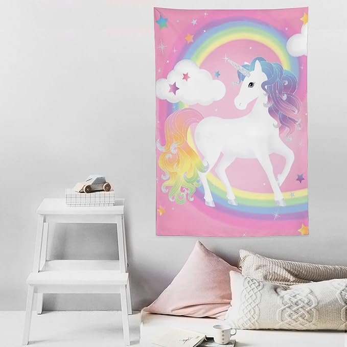 Rainbow unicorn tapestry wall hanging with rainbow circle, white unicorn, and twinkling stars