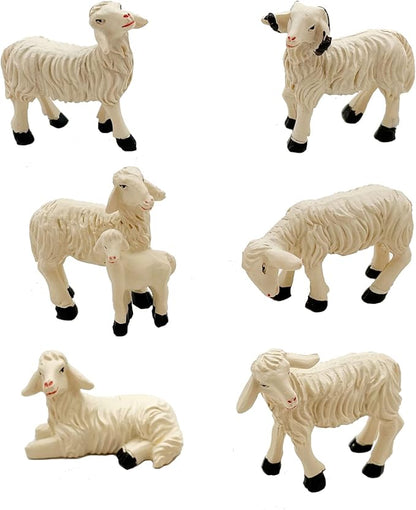 Set of 6 Sheep Garden Figurines - Resin Farm Animal Outdoor Decor