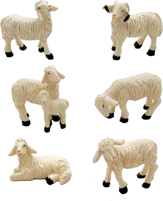 Set of 6 Sheep Garden Figurines - Resin Farm Animal Outdoor Decor