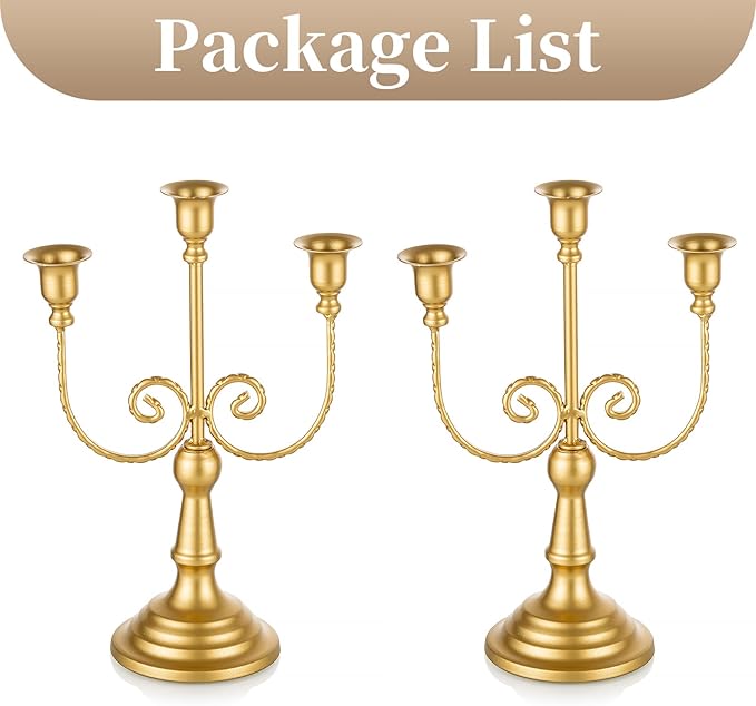 Gold three-stem taper candle holder pair with curled scroll arms and pedestal bases
