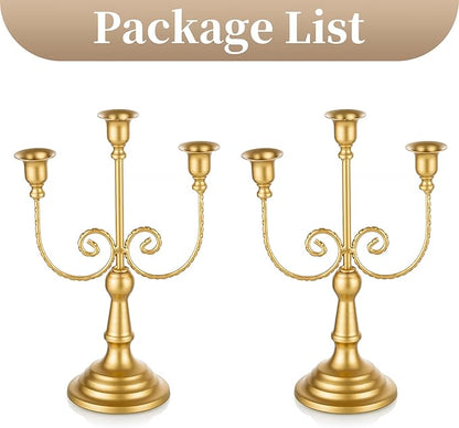 Gold three-stem taper candle holder pair with curled scroll arms and pedestal bases