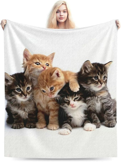 Cats throw blanket panel showing six kittens on white fleece