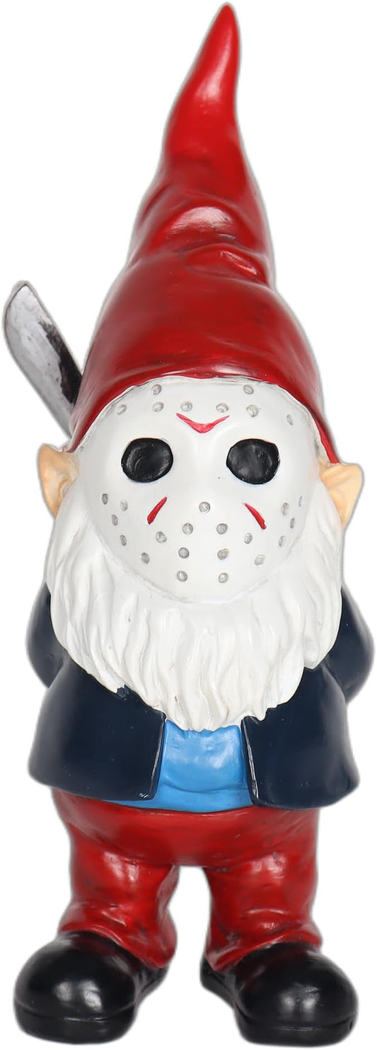 Red-hat garden gnome statue with white beard, blue tunic, holding gray sword