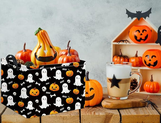 Black Halloween storage basket with white ghost pattern, rectangular with short handles