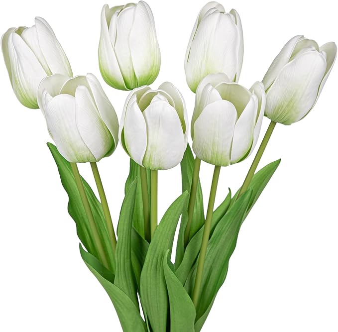 Artificial white tulip stems with green leaves in a bundled bouquet, 24-inch style