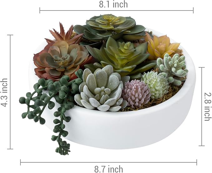 White concrete bowl with faux succulent arrangement, size view from the side