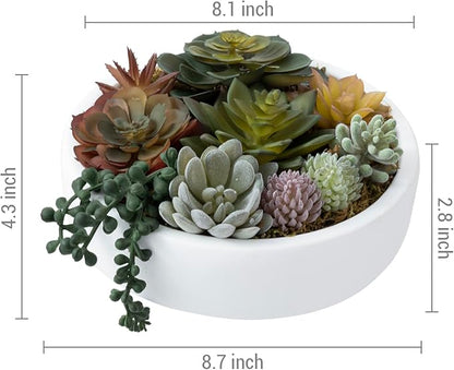 White concrete bowl with faux succulent arrangement, size view from the side