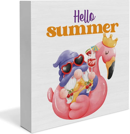 Hello summer wooden square sign with two flamingo gnome characters wearing sunglasses