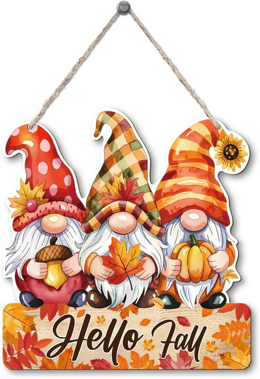 Wood hanging gnome sign with three colorful gnomes and 'Hello Fall' text