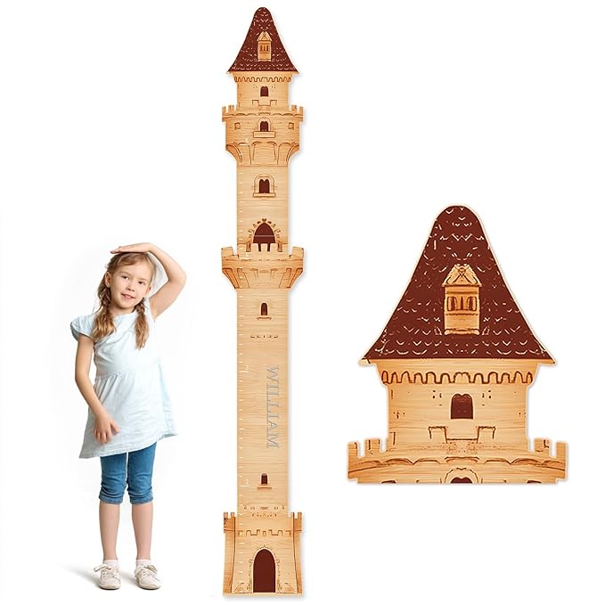 Wooden castle growth chart with height ruler and small printed arch windows