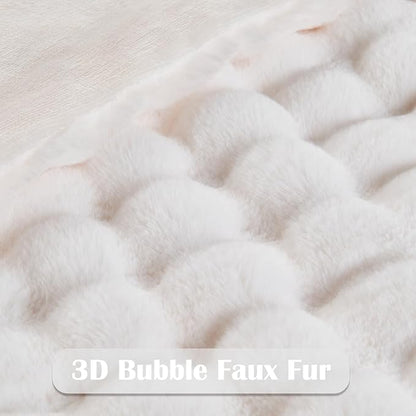 Ivory Bubble Faux Fur Queen Blanket – 90"x90" | 550GSM Reversible Plush Rabbit Fluff | Elegant Bubble Pattern Throw for Bed & Sofa