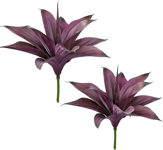 Purple faux agave plant pair with maroon leaves and green stems.