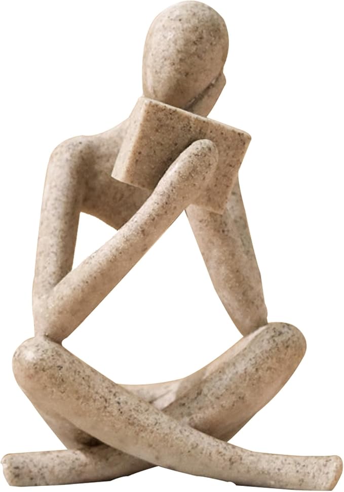Sandstone abstract resin reading figurine, seated kneeling with hands on torso