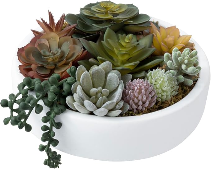 Round white concrete bowl with faux succulents in green and gray rosettes