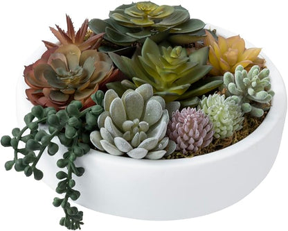 Round white concrete bowl with faux succulents in green and gray rosettes